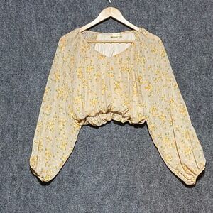 Altar'd State Women's Yellow Floral Clip Dot Cropped Balloon Sleeve Blouse Small